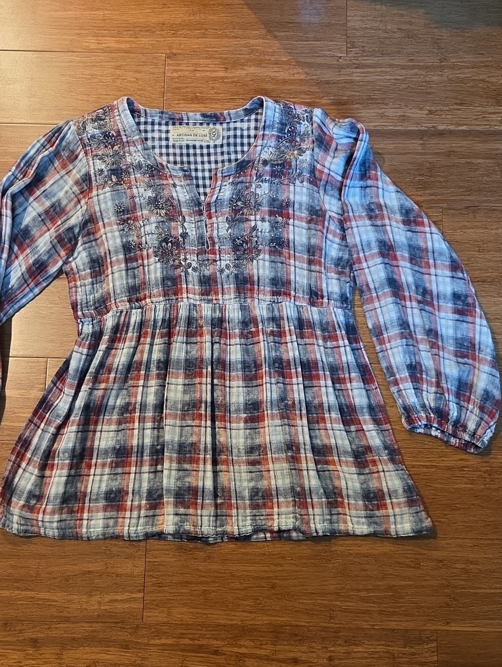 Artisan De Luxe Double Layer Embroidered Plaid Boho Blouse Size L Very Good Cond